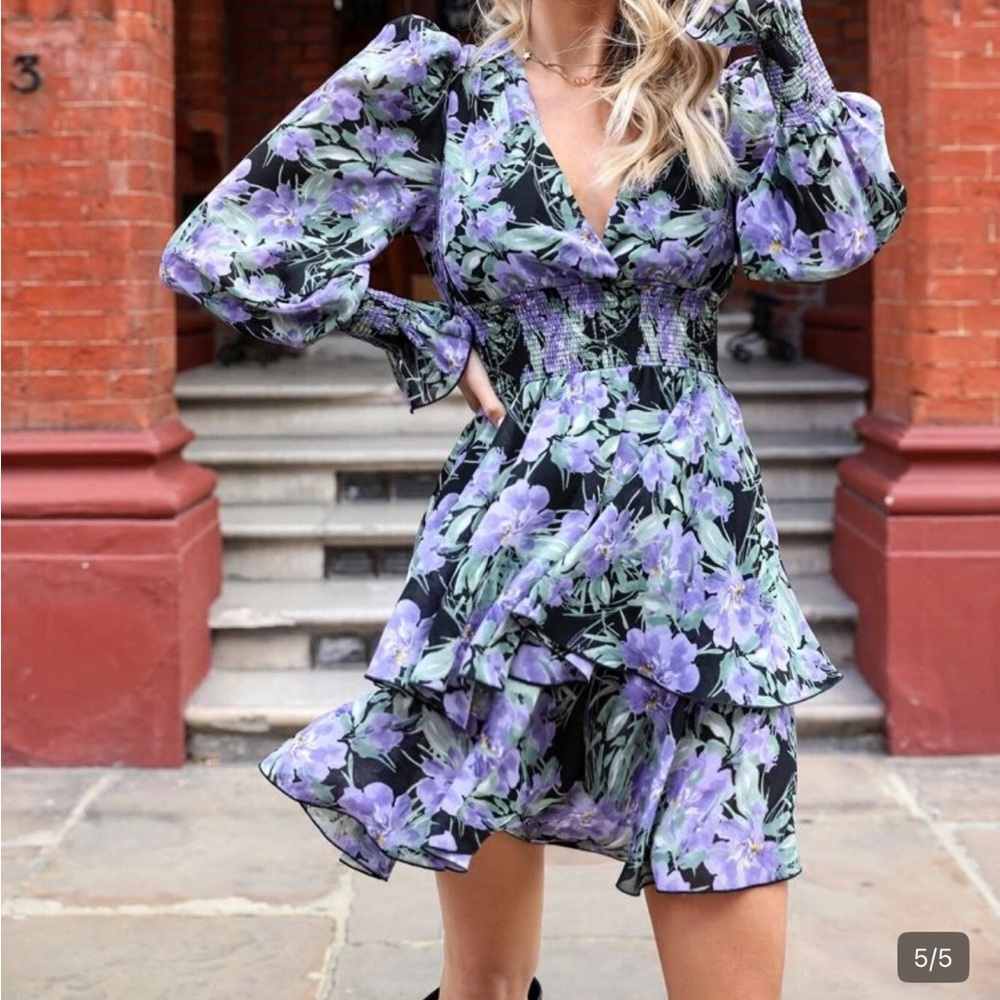 Floral Lavender Ruffle V-Neck Dress
